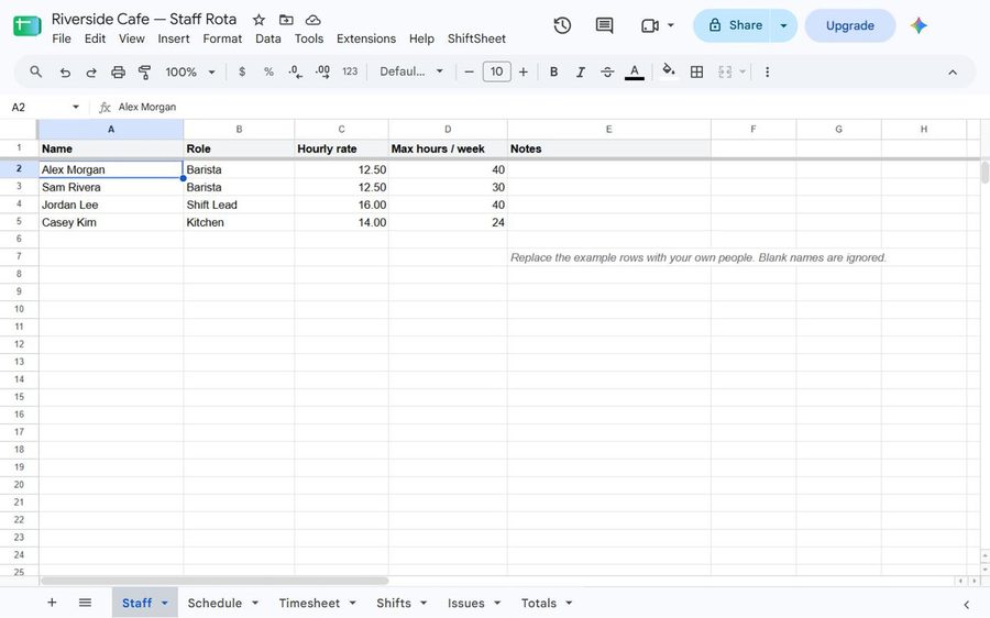 The Staff sheet: names, pay rates and contract hours, filled in by you.