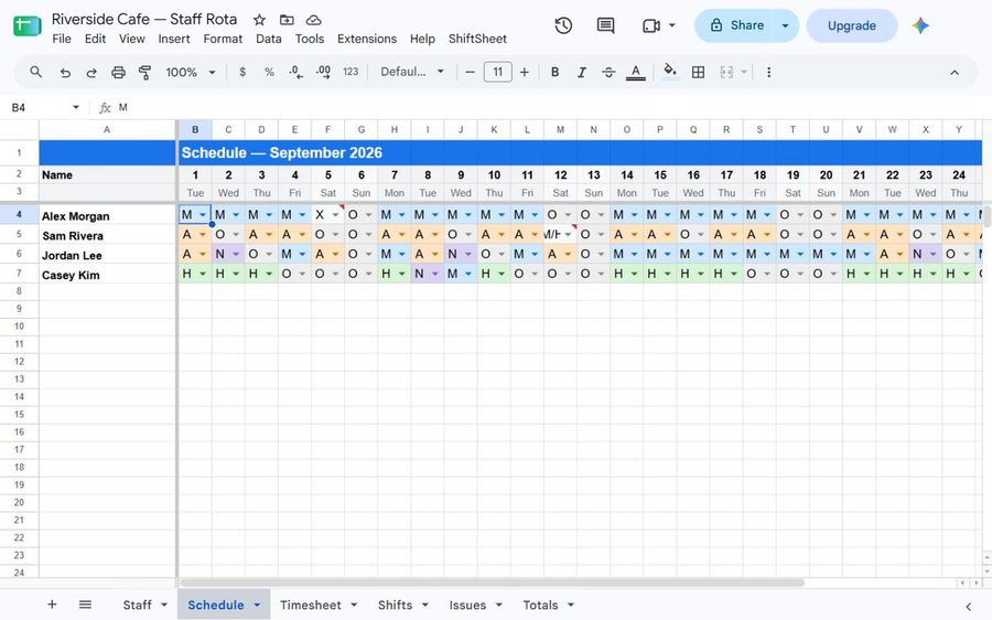 A month of shifts on one grid, weekends shaded, one colour per shift.